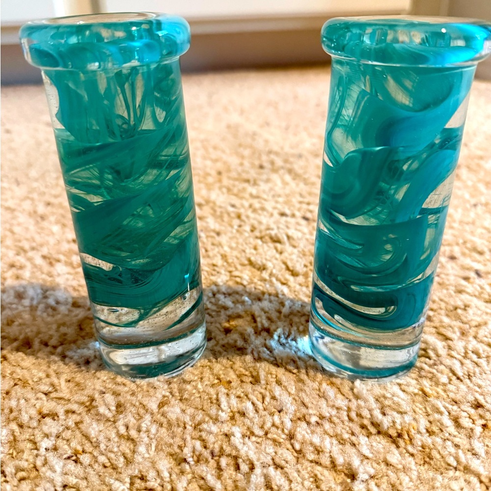 Kosta Boda jade Swirl Candlestick Holder set of two